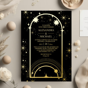 Mystical Black Gold Celestial Stars Wedding Folie Uitnodiging