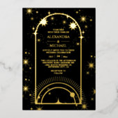 Mystical Black Gold Celestial Stars Wedding Folie Uitnodiging (Voorkant)