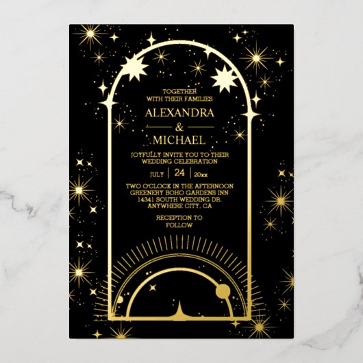 Mystical Black Gold Celestial Stars Wedding Folie Uitnodiging (Voorkant)