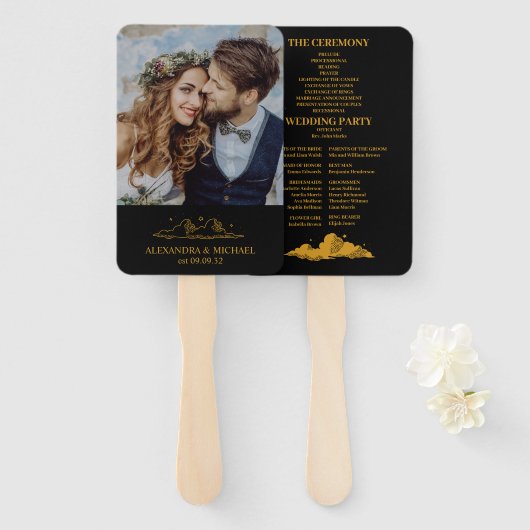 Mystical Black Gold Celestial Stars Wedding Handwaaier (Voorkant en achterkant)