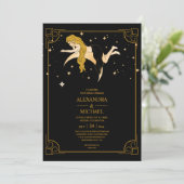 Mystical Black Gold Celestial Stars Wedding Invit Kaart (Staand voorkant)