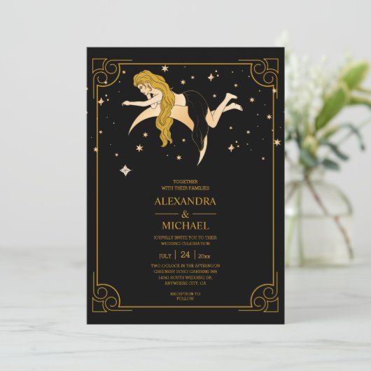 Mystical Black Gold Celestial Stars Wedding Invit Kaart (Staand voorkant)