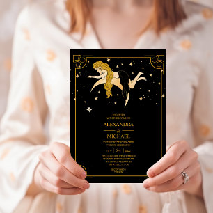 Mystical Black Gold Celestial Stars Wedding Invit Kaart