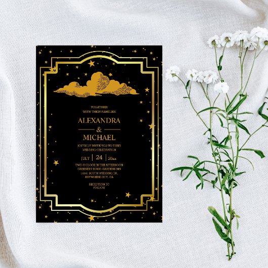 Mystical Black Gold Celestial Stars Wedding Invit Kaart