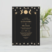 Mystical Black Gold Celestial Stars Wedding Invit Kaart (Staand voorkant)