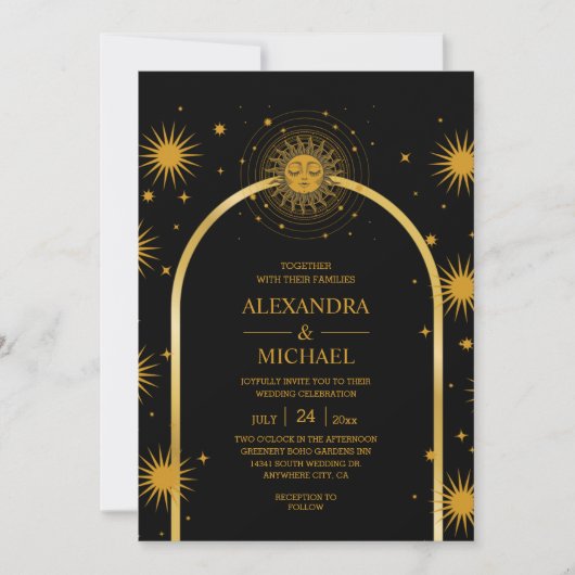 Mystical Black Gold Celestial Stars Wedding Kaart (Voorkant)