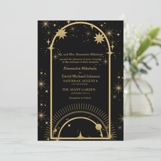 Mystical Black Gold Celestial Stars Wedding Kaart (Staand voorkant)