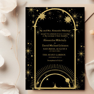 Mystical Black Gold Celestial Stars Wedding Kaart