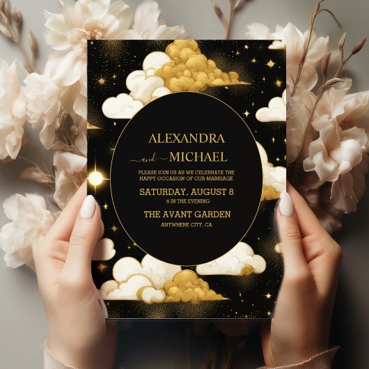Mystical Black Gold Celestial Stars Wedding Kaart