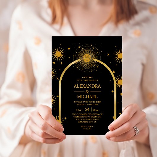 Mystical Black Gold Celestial Stars Wedding Kaart