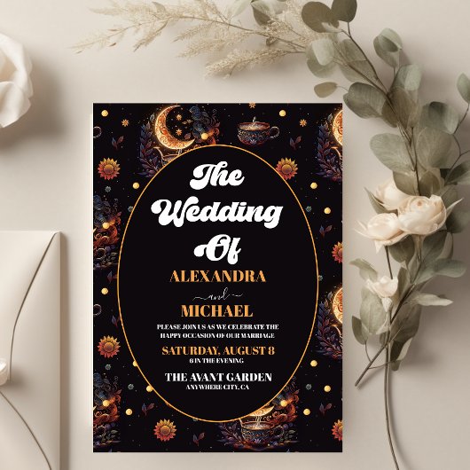 Mystical Black Gold Celestial Stars Wedding Kaart