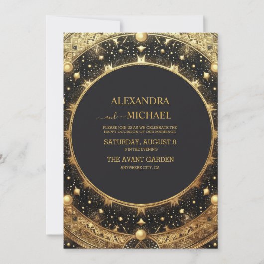 Mystical Black Gold Celestial Stars Wedding Kaart (Voorkant)