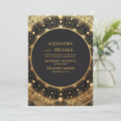 Mystical Black Gold Celestial Stars Wedding Kaart (Staand voorkant)
