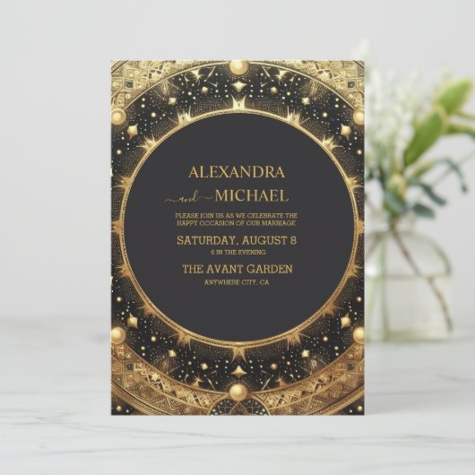 Mystical Black Gold Celestial Stars Wedding Kaart (Staand voorkant)