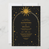 Mystical Black Gold Celestial Stars Wedding Kaart (Voorkant)
