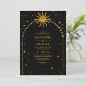 Mystical Black Gold Celestial Stars Wedding Kaart (Staand voorkant)