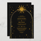 Mystical Black Gold Celestial Stars Wedding Kaart (Voorkant / Achterkant)