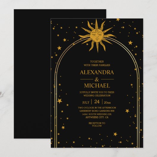 Mystical Black Gold Celestial Stars Wedding Kaart (Voorkant / Achterkant)