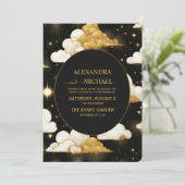 Mystical Black Gold Celestial Stars Wedding Kaart (Staand voorkant)