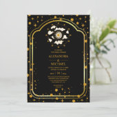 Mystical Black Gold Celestial Stars Wedding Kaart (Staand voorkant)