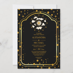 Mystical Black Gold Celestial Stars Wedding Kaart