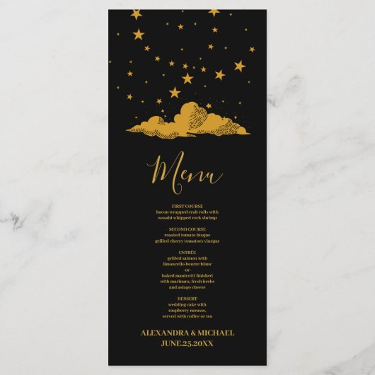 Mystical Black Gold Celestial Stars Wedding Menu (Achterkant)