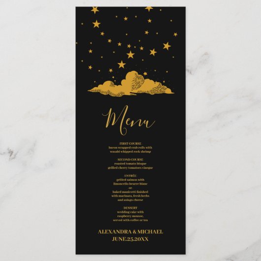 Mystical Black Gold Celestial Stars Wedding Menu (Voorkant)