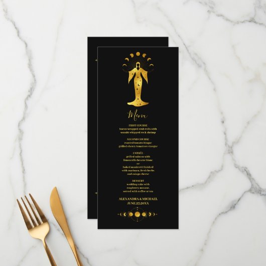 Mystical Black Gold Celestial Stars Wedding Menu (Voorkant / Achterkant in situ)