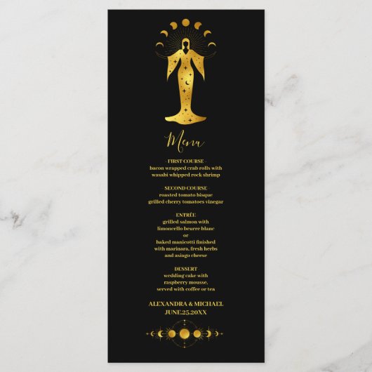 Mystical Black Gold Celestial Stars Wedding Menu (Voorkant)