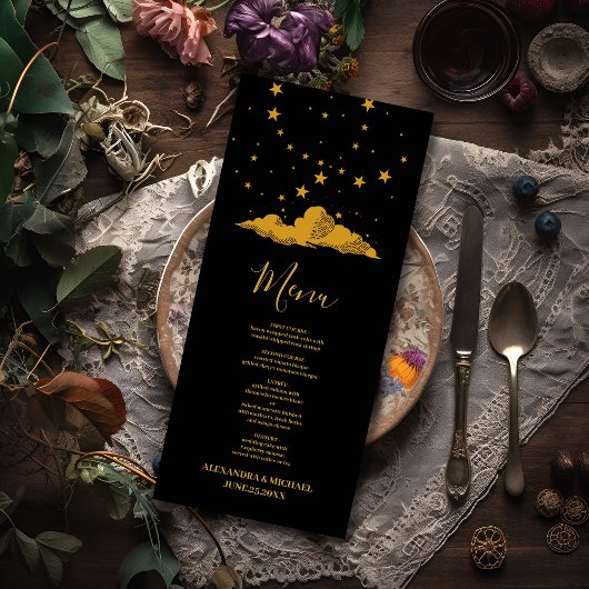 Mystical Black Gold Celestial Stars Wedding Menu