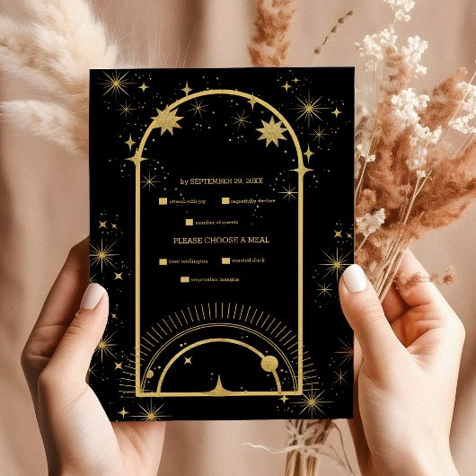 Mystical Black Gold Celestial Stars Wedding RSVP Kaartje