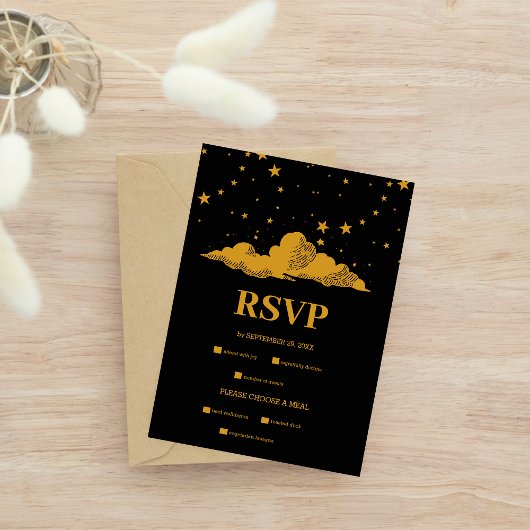 Mystical Black Gold Celestial Stars Wedding RSVP Kaartje