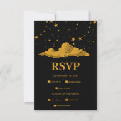 Mystical Black Gold Celestial Stars Wedding RSVP Kaartje (Voorkant)