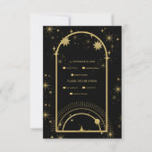 Mystical Black Gold Celestial Stars Wedding RSVP Kaartje (Voorkant)
