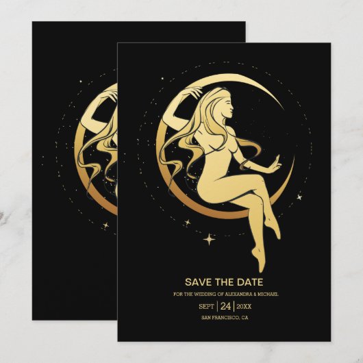 Mystical Black Gold Celestial Stars Wedding Save Save The Date (Voorkant / Achterkant)