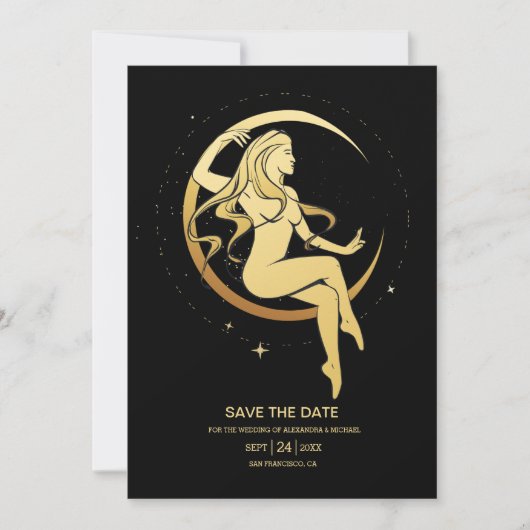 Mystical Black Gold Celestial Stars Wedding Save The Date (Voorkant)