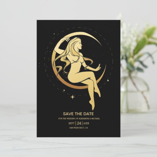 Mystical Black Gold Celestial Stars Wedding Save The Date (Staand voorkant)