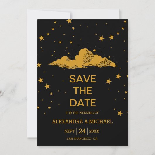 Mystical Black Gold Celestial Stars Wedding Save The Date (Voorkant)