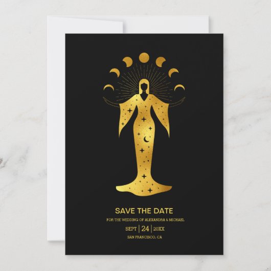 Mystical Black Gold Celestial Stars Wedding Save The Date (Voorkant)