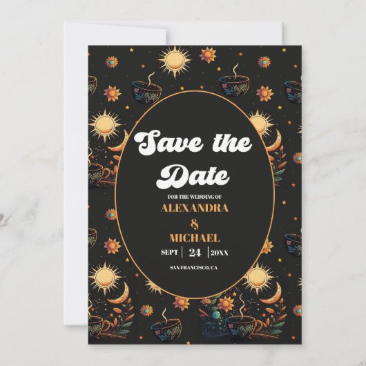 Mystical Black Gold Celestial Stars Wedding Save The Date (Voorkant)