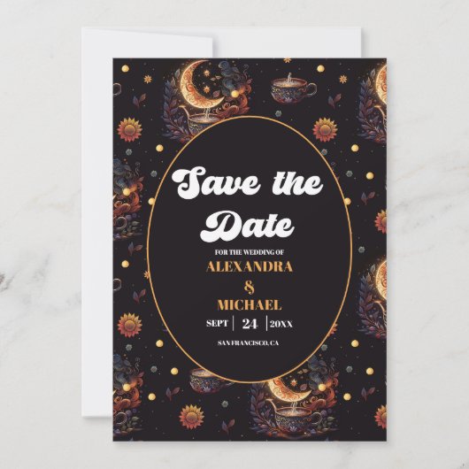 Mystical Black Gold Celestial Stars Wedding Save The Date (Voorkant)