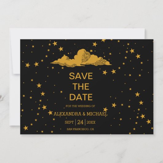 Mystical Black Gold Celestial Stars Wedding Save The Date (Voorkant)