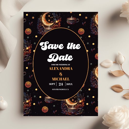 Mystical Black Gold Celestial Stars Wedding Save The Date