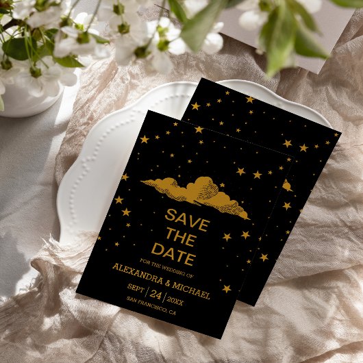 Mystical Black Gold Celestial Stars Wedding Save The Date