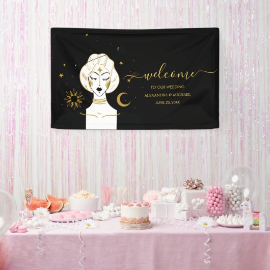 Mystical Black Gold Celestial Sun Wedding Banner (Feest)
