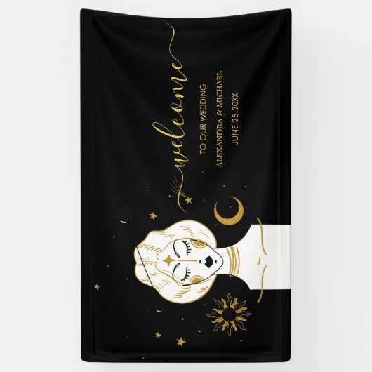 Mystical Black Gold Celestial Sun Wedding Banner (Verticaal)