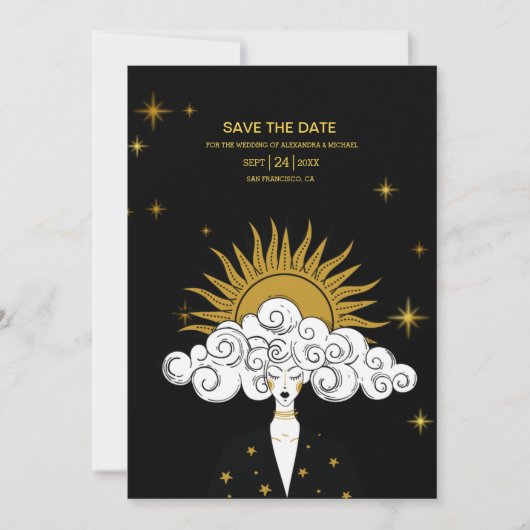 Mystical Black Gold Celestial Sun Wedding Save The Date (Voorkant)
