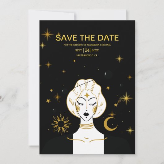 Mystical Black Gold Celestial Sun Wedding Save the Date (Voorkant)