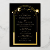 Mystical Black Gold Sun maan astronomische ruimte Folie Uitnodiging (Voorkant)