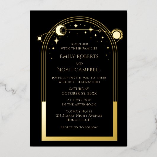 Mystical Black Gold Sun maan astronomische ruimte Folie Uitnodiging (Voorkant)